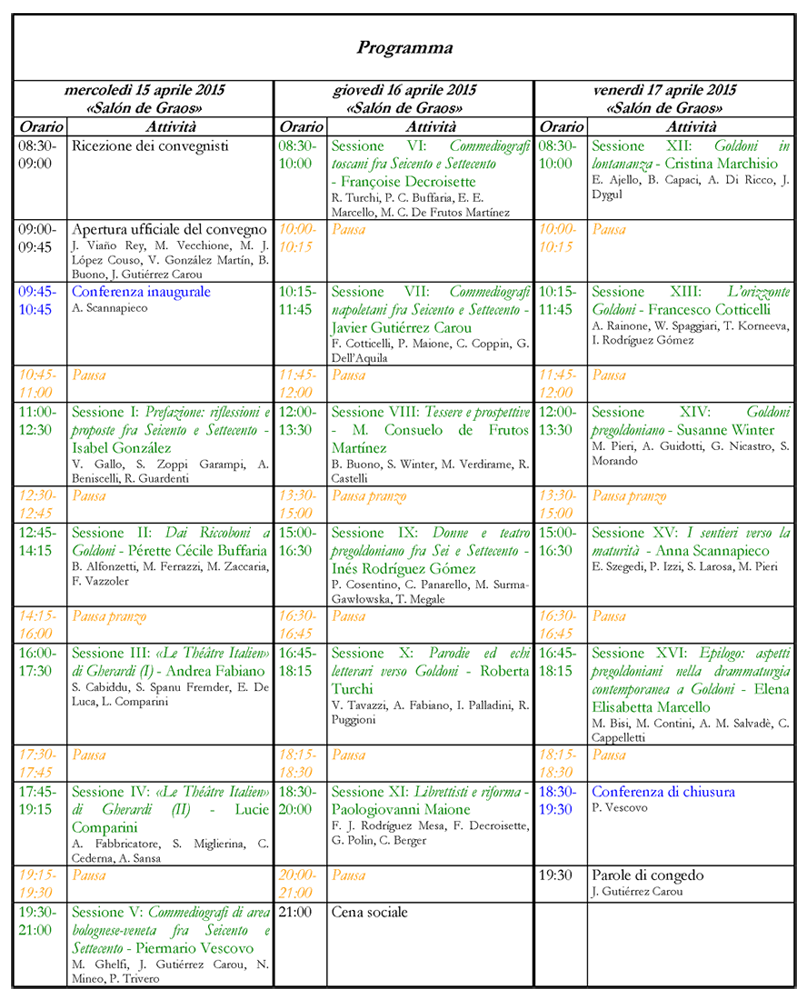 Calendario del convegno
